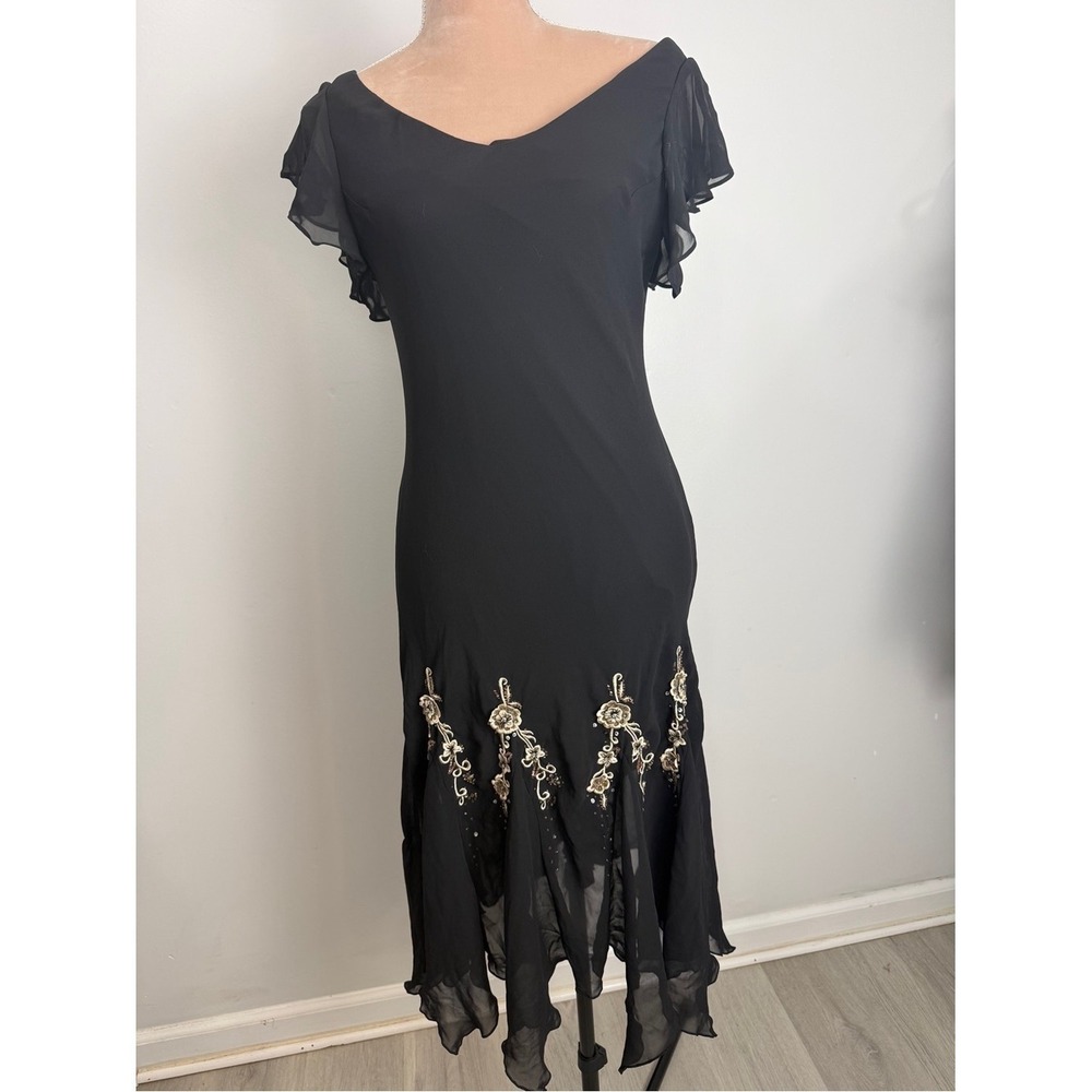 S.L. Fashions Black Midi Dress with Gold Floral Embroidery